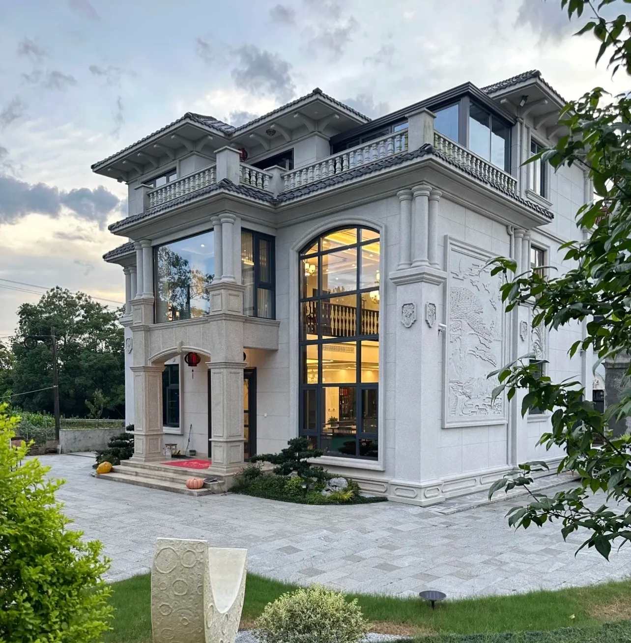 荆州 白麻花岗岩私人别墅干挂石材豪华定制