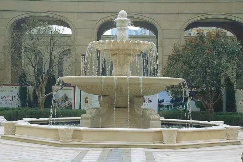 荆州 黄金麻花岗岩异型加工——户外庭院石雕流水喷泉